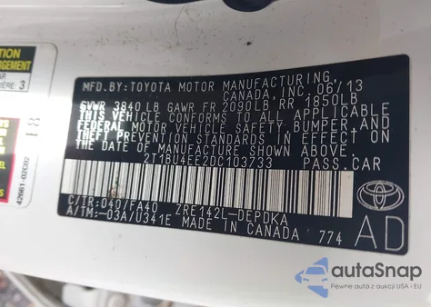 2013 Toyota Corolla L из США, поврежденный, VIN 2T1BU4EE2DC103733